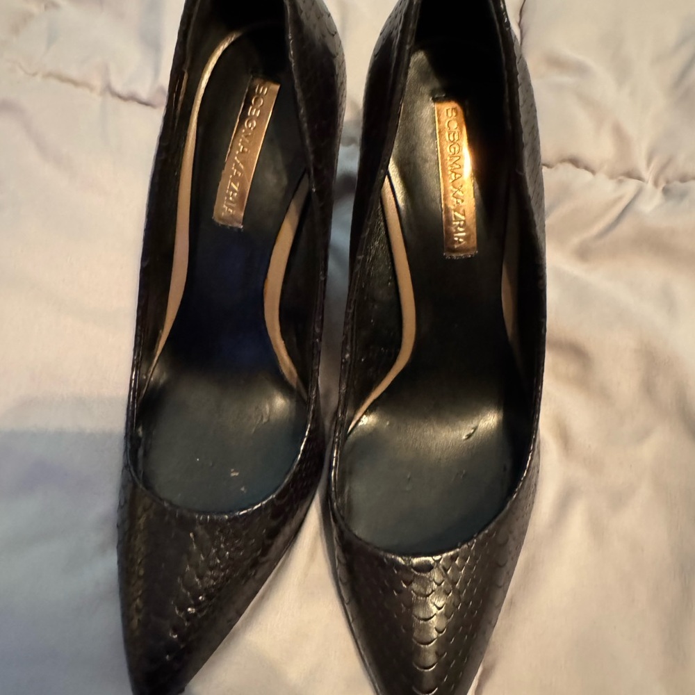 BCBG Black Snake Wedge with Gold Textured Heel